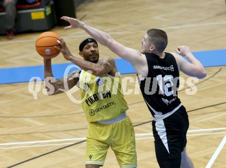 Basketball 2. Liga 2024/2025. Playoffs. VF3.   Woerthersee Piraten gegen RAIDERS Tirol    Shawn L. Ray  (Piraten),   Moritz Hoelzer (Tirol). Klagenfurt, am 19.4.2025.
Foto: Kuess


---
pressefotos, pressefotografie, kuess, qs, qspictures, sport, bild, bilder, bilddatenbank