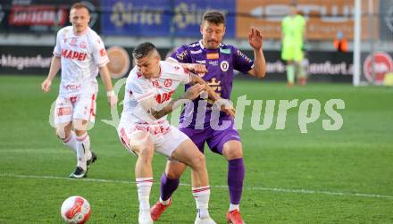Fussball Bundesliga. SK Austria Klagenfurt gegen GAK.  Christophe Wernitznig   (Klagenfurt), Dominik Frieser (GAK). Klagenfurt, am 19.4.2025.
Foto: Kuess
---
pressefotos, pressefotografie, kuess, qs, qspictures, sport, bild, bilder, bilddatenbank