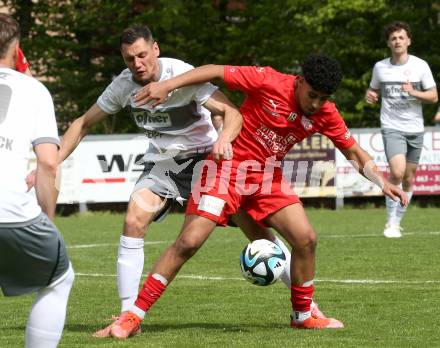 Fussball 1. Klasse C. KAC 1909 Juniors gegen Maria Saal. Sebastian Salama (KAC),   Niko Maric (Maria Saal). Klagenfurt, am 20..4.2025.
Foto: Kuess
www.qspictures.net
---
pressefotos, pressefotografie, kuess, qs, qspictures, sport, bild, bilder, bilddatenbank