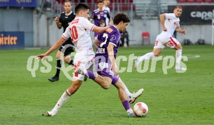 Fussball Bundesliga. SK Austria Klagenfurt gegen GAK. Ben Bobzien (Klagenfurt), Milos Jovicic (GAK). Klagenfurt, am 19.4.2025.
Foto: Kuess
---
pressefotos, pressefotografie, kuess, qs, qspictures, sport, bild, bilder, bilddatenbank