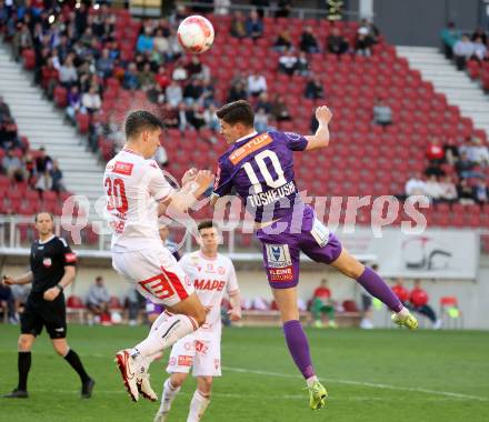 Fussball Bundesliga. SK Austria Klagenfurt gegen GAK. David Toshevski    (Klagenfurt), Milos Jovicic (GAK). Klagenfurt, am 19.4.2025.
Foto: Kuess
---
pressefotos, pressefotografie, kuess, qs, qspictures, sport, bild, bilder, bilddatenbank