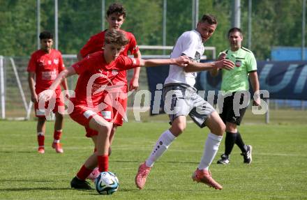 Fussball 1. Klasse C. KAC 1909 Juniors gegen Maria Saal. Maximilian Grof  (KAC), Niko Maric  (Maria Saal). Klagenfurt, am 20..4.2025.
Foto: Kuess
www.qspictures.net
---
pressefotos, pressefotografie, kuess, qs, qspictures, sport, bild, bilder, bilddatenbank