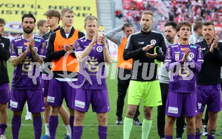 Fussball Bundesliga. SK Austria Klagenfurt gegen GAK.  Kosmas Gkezos, Nicolas Binder, Christopher Cvetko, Marco Knaller, Philipp Wydra (Klagenfurt). Klagenfurt, am 19.4.2025.
Foto: Kuess
---
pressefotos, pressefotografie, kuess, qs, qspictures, sport, bild, bilder, bilddatenbank