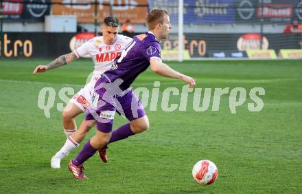 Fussball Bundesliga. SK Austria Klagenfurt gegen GAK. Christopher Cvetko   (Klagenfurt), Dominik Frieser (GAK). Klagenfurt, am 19.4.2025.
Foto: Kuess
---
pressefotos, pressefotografie, kuess, qs, qspictures, sport, bild, bilder, bilddatenbank