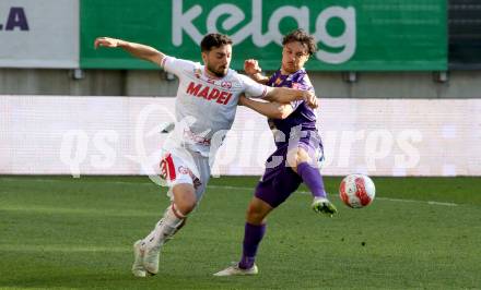 Fussball Bundesliga. SK Austria Klagenfurt gegen GAK. Simon Straudi   (Klagenfurt), Jacob Michael Italiano (GAK). Klagenfurt, am 19.4.2025.
Foto: Kuess
---
pressefotos, pressefotografie, kuess, qs, qspictures, sport, bild, bilder, bilddatenbank