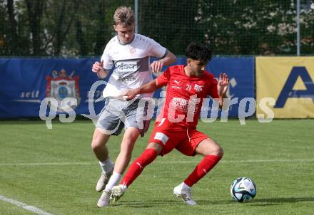 Fussball 1. Klasse C. KAC 1909 Juniors gegen Maria Saal.  Amir Mohammadi (KAC), Marco Mischkounig  (Maria Saal). Klagenfurt, am 20..4.2025.
Foto: Kuess
www.qspictures.net
---
pressefotos, pressefotografie, kuess, qs, qspictures, sport, bild, bilder, bilddatenbank