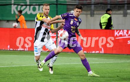 Fussball Bundesliga. SK Austria Klagenfurt gegen LASK.  David Toshevski  (Klagenfurt), Hrvoje Smolcic  (LASK). Klagenfurt, am 22.4.2025.
Foto: Kuess
---
pressefotos, pressefotografie, kuess, qs, qspictures, sport, bild, bilder, bilddatenbank
