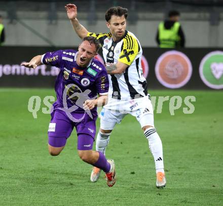 Fussball Bundesliga. SK Austria Klagenfurt gegen LASK.  Tobias Koch  (Klagenfurt), Sascha Horvath (LASK). Klagenfurt, am 22.4.2025.
Foto: Kuess
---
pressefotos, pressefotografie, kuess, qs, qspictures, sport, bild, bilder, bilddatenbank