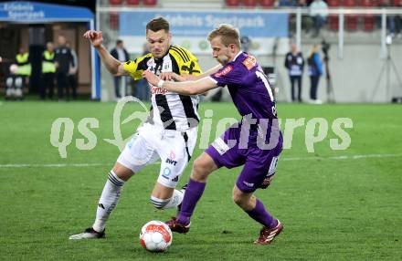 Fussball Bundesliga. SK Austria Klagenfurt gegen LASK.  Christopher Cvetko  (Klagenfurt),  Maximilian Entrup (LASK). Klagenfurt, am 22.4.2025.
Foto: Kuess
---
pressefotos, pressefotografie, kuess, qs, qspictures, sport, bild, bilder, bilddatenbank