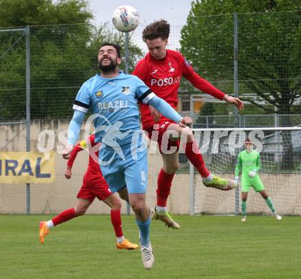 Fussball Kaerntner Liga. Bleiburg gegen SAK. Dominik Peketz (Bleiburg),  Jan Sasa Ogris-Martic  (SAK). Bleiburg, am 26..4.2025.
Foto: Kuess
www.qspictures.net
---
pressefotos, pressefotografie, kuess, qs, qspictures, sport, bild, bilder, bilddatenbank