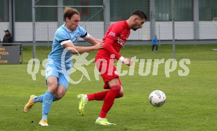 Fussball Kaerntner Liga. Bleiburg gegen SAK. Marcel Florian Primozic (Bleiburg), Hrvoje Jakovljevic   (SAK). Bleiburg, am 26..4.2025.
Foto: Kuess
www.qspictures.net
---
pressefotos, pressefotografie, kuess, qs, qspictures, sport, bild, bilder, bilddatenbank