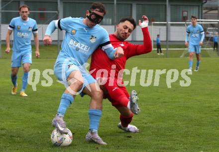 Fussball Kaerntner Liga. Bleiburg gegen SAK. Matheo Pichler (Bleiburg),  Yosifov Angelov Svetlozar  (SAK). Bleiburg, am 26..4.2025.
Foto: Kuess
www.qspictures.net
---
pressefotos, pressefotografie, kuess, qs, qspictures, sport, bild, bilder, bilddatenbank