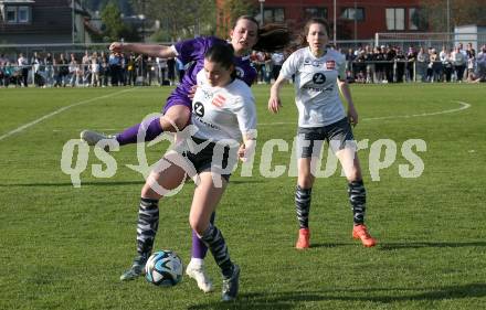 Fussball Frauen. KFV Cup. Sk Austria Klagenfurt gegen Kraig.  Antonia Monika Kogler (Klagenfurt), Valentina Marie Urabl (Kraig). Klagenfurt, am 27.4.2025.
Foto: Kuess
www.qspictures.net
---
pressefotos, pressefotografie, kuess, qs, qspictures, sport, bild, bilder, bilddatenbank