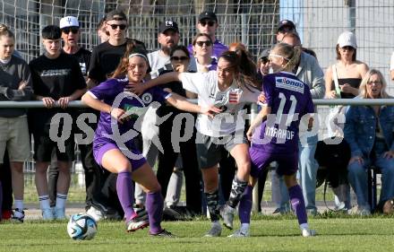 Fussball Frauen. KFV Cup. Sk Austria Klagenfurt gegen Kraig. Verena Raunegger, Franziska Markhof (Klagenfurt), Aila Kovacevic  (Kraig). Klagenfurt, am 27.4.2025.
Foto: Kuess
www.qspictures.net
---
pressefotos, pressefotografie, kuess, qs, qspictures, sport, bild, bilder, bilddatenbank