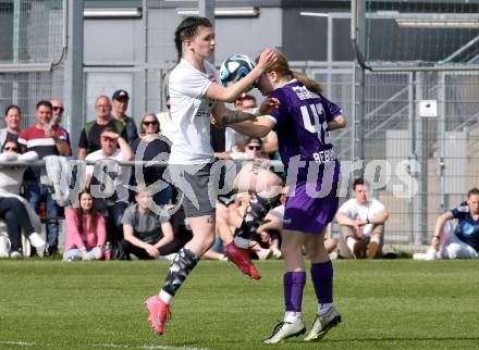 Fussball Frauen. KFV Cup. Sk Austria Klagenfurt gegen Kraig.  Lisa Rebernig (Klagenfurt), Michelle Claudia Terkl (Kraig). Klagenfurt, am 27.4.2025.
Foto: Kuess
www.qspictures.net
---
pressefotos, pressefotografie, kuess, qs, qspictures, sport, bild, bilder, bilddatenbank