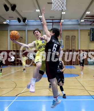 Basketball 2. Liga 2024/2025. Playoffs. F2.   Woerthersee Piraten gegen Mistelbach Mustangs   Lukas Simoner (Piraten),  Lukas Schrittwieser  (Mistelbach). Klagenfurt, am 1.5.2025.
Foto: Kuess


---
pressefotos, pressefotografie, kuess, qs, qspictures, sport, bild, bilder, bilddatenbank