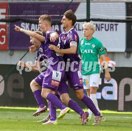 FFussball Bundesliga. SK Austria Klagenfurt gegen WSG Tirol.  Torjubel Christopher Cvetko, Nicolas Binder, Thorsten Mahrer (Austria Klagenfurt),  Klagenfurt, am 10.5.2025.
Foto: Kuess
www.qspictures.net
---
pressefotos, pressefotografie, kuess, qs, qspictures, sport, bild, bilder, bilddatenbank
