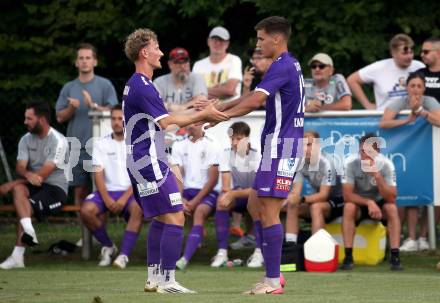Fussball Testspiel. SK Austria Klagenfurt gegen Treibach. Torjubel Fabian Stoeber, Andrija Djordjevic  (Klagenfurt). Gurnitz, am 27.6.2025.
Foto: Kuess
www.qspictures.net
---
pressefotos, pressefotografie, kuess, qs, qspictures, sport, bild, bilder, bilddatenbank