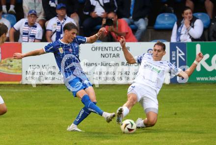 Fussball OEFB Cup. Treibach gegen Blau Weiss Linz.  Erik Kovac (Treibach),  Oliver John Waehling (BW Linz). Treibach, am 25.7.2025.
Foto: Kuess
www.qspictures.net
---
pressefotos, pressefotografie, kuess, qs, qspictures, sport, bild, bilder, bilddatenbank