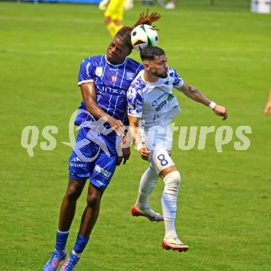 Fussball OEFB Cup. Treibach gegen Blau Weiss Linz. Nikolaos Kokkas  (Treibach), Elias Bakatukanda  (BW Linz). Treibach, am 25.7.2025.
Foto: Kuess
www.qspictures.net
---
pressefotos, pressefotografie, kuess, qs, qspictures, sport, bild, bilder, bilddatenbank