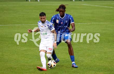 Fussball OEFB Cup. Treibach gegen Blau Weiss Linz.  Nikolaos Kokkas (Treibach),  Elias Bakatukanda (BW Linz). Treibach, am 25.7.2025.
Foto: Kuess
www.qspictures.net
---
pressefotos, pressefotografie, kuess, qs, qspictures, sport, bild, bilder, bilddatenbank