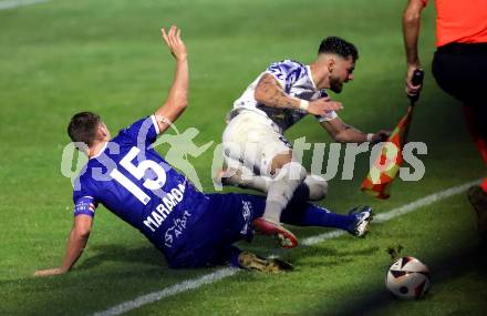 Fussball OEFB Cup. Treibach gegen Blau Weiss Linz.  Nikolaos Kokkas(Treibach),  Manuel Maranda  (BW Linz). Treibach, am 25.7.2025.
Foto: Kuess
www.qspictures.net
---
pressefotos, pressefotografie, kuess, qs, qspictures, sport, bild, bilder, bilddatenbank