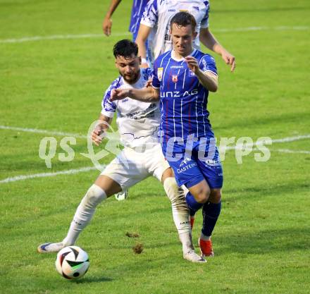 Fussball OEFB Cup. Treibach gegen Blau Weiss Linz. Nikolaos Kokkas  (Treibach), Nico Maier (BW Linz). Treibach, am 25.7.2025.
Foto: Kuess
www.qspictures.net
---
pressefotos, pressefotografie, kuess, qs, qspictures, sport, bild, bilder, bilddatenbank