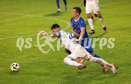 Fussball OEFB Cup. Treibach gegen Blau Weiss Linz. Nikolaos Kokkas  (Treibach),  Nico Maier (BW Linz). Treibach, am 25.7.2025.
Foto: Kuess
www.qspictures.net
---
pressefotos, pressefotografie, kuess, qs, qspictures, sport, bild, bilder, bilddatenbank