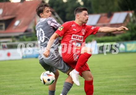 Fussball Kaerntner Liga. Grafenstein gegen Koettmannsdorf. Fabio Sebastian Miklautz  (Grafenstein),   Daniel Hans Genser (Koettmannsdorf). Grafenstein, am 1.8..2025.
Foto: Kuess
www.qspictures.net
---
pressefotos, pressefotografie, kuess, qs, qspictures, sport, bild, bilder, bilddatenbank