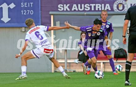 Fussball 2. Liga. SK Austria Klagenfurt gegen Young Violett Austria Wien.  Almir Oda (Klagenfurt),  Philipp Maybach  (Wien). Klagenfurt, 8.8.2025.
Foto: Kuess
www.qspictures.net
---
pressefotos, pressefotografie, kuess, qs, qspictures, sport, bild, bilder, bilddatenbank