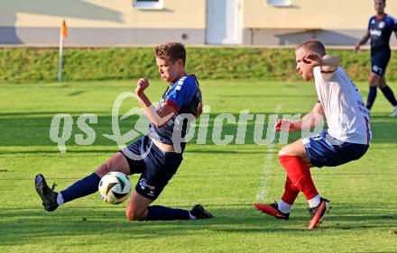 Fussball Unterliga Mitte. Arriach gegen Ludmannsdorf. Gaber Petric  (Arriach),  David Gasser  (Ludmannsdorf).  Arriach, am 9.8.2025.
Foto. Kuess
www.qspictures.net
---
pressefotos, pressefotografie, kuess, qs, qspictures, sport, bild, bilder, bilddatenbank