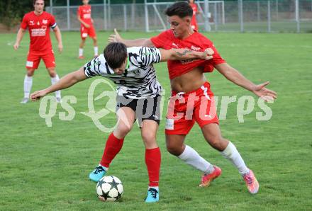 Fussball Kaerntner Liga.  KAC1909 gegen ATUS Ferlach.   Edin Serdarevic (KAC), Val Zaletel Cernos   (Ferlach).  Klagenfurt, am 14.8.2025.
Foto. Kuess
www.qspictures.net
---
pressefotos, pressefotografie, kuess, qs, qspictures, sport, bild, bilder, bilddatenbank