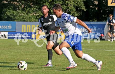 Fussball Regionalliga Mitte.  Treibach gegen Voitsberg.  Vahid Muharemovic (Treibach),  Nino Pungarsek    (Voitsberg).  Treibach, am 15.8.2025.
Foto. Kuess
www.qspictures.net
---
pressefotos, pressefotografie, kuess, qs, qspictures, sport, bild, bilder, bilddatenbank