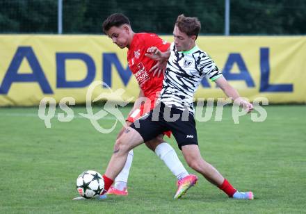 Fussball Kaerntner Liga.  KAC1909 gegen ATUS Ferlach. Edin Serdarevic   (KAC),  Jano Maria Candussi  (Ferlach).  Klagenfurt, am 14.8.2025.
Foto. Kuess
www.qspictures.net
---
pressefotos, pressefotografie, kuess, qs, qspictures, sport, bild, bilder, bilddatenbank