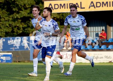 Fussball Regionalliga Mitte.  Treibach gegen Voitsberg.  Torjubel Marius Leo Maierhofer, Nikolaos Kokkas, Erik Kovac (Treibach),    Treibach, am 15.8.2025.
Foto. Kuess
www.qspictures.net
---
pressefotos, pressefotografie, kuess, qs, qspictures, sport, bild, bilder, bilddatenbank