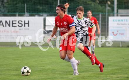 Fussball Kaerntner Liga.  KAC1909 gegen ATUS Ferlach. Patrick Legner   (KAC),  Florian Verdel  (Ferlach).  Klagenfurt, am 14.8.2025.
Foto. Kuess
www.qspictures.net
---
pressefotos, pressefotografie, kuess, qs, qspictures, sport, bild, bilder, bilddatenbank