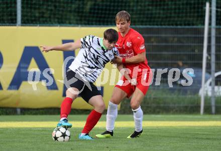 Fussball Kaerntner Liga.  KAC1909 gegen ATUS Ferlach. Peter Pucker  (KAC),  Val Zaletel-Cernos  (Ferlach).  Klagenfurt, am 14.8.2025.
Foto. Kuess
www.qspictures.net
---
pressefotos, pressefotografie, kuess, qs, qspictures, sport, bild, bilder, bilddatenbank