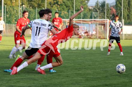 Fussball Kaerntner Liga.  KAC1909 gegen ATUS Ferlach.  Maximilian Leipold  (KAC), Val Zaletel Cernos  (Ferlach).  Klagenfurt, am 14.8.2025.
Foto. Kuess
www.qspictures.net
---
pressefotos, pressefotografie, kuess, qs, qspictures, sport, bild, bilder, bilddatenbank