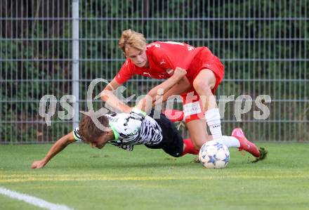 Fussball Kaerntner Liga.  KAC1909 gegen ATUS Ferlach. Maximilian Leipold   (KAC),  Felix Fuerstaller  (Ferlach).  Klagenfurt, am 14.8.2025.
Foto. Kuess
www.qspictures.net
---
pressefotos, pressefotografie, kuess, qs, qspictures, sport, bild, bilder, bilddatenbank