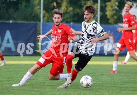 Fussball Kaerntner Liga.  KAC1909 gegen ATUS Ferlach. Maximilian Watscher  (KAC),  Felix Fuerstaller  (Ferlach).  Klagenfurt, am 14.8.2025.
Foto. Kuess
www.qspictures.net
---
pressefotos, pressefotografie, kuess, qs, qspictures, sport, bild, bilder, bilddatenbank