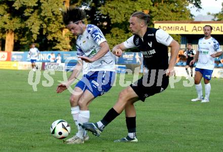 Fussball Regionalliga Mitte.  Treibach gegen Voitsberg.  Marco Paul Pirker (Treibach), Jonas Gmeindl    (Voitsberg).  Treibach, am 15.8.2025.
Foto. Kuess
www.qspictures.net
---
pressefotos, pressefotografie, kuess, qs, qspictures, sport, bild, bilder, bilddatenbank