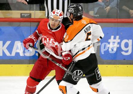 Eishockey Bundesliga. Testspiel. KAC gegen Grizzlys Wolfsburg. Luka Gomboc (KAC), Bjoern Krupp  (Wolfsburg) Klagenfurt, am 20.8.2025.
Foto: Kuess
www.qspictures.net
---
pressefotos, pressefotografie, kuess, qs, qspictures, sport, bild, bilder, bilddatenbank