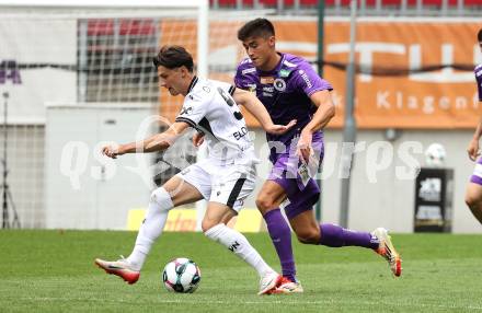 Fussball 2. Liga. SK Austria Klagenfurt gegen SW Bregenz.   Aiden Liu (Klagenfurt), Levan Eloshvili  (Bregenz). Klagenfurt, 23.8.2025.
Foto: Kuess
www.qspictures.net
---
pressefotos, pressefotografie, kuess, qs, qspictures, sport, bild, bilder, bilddatenbank