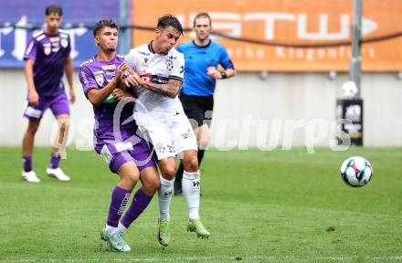 Fussball 2. Liga. SK Austria Klagenfurt gegen SW Bregenz.   Dino Delic (Klagenfurt),  Marco Rottensteiner (Bregenz). Klagenfurt, 23.8.2025.
Foto: Kuess
www.qspictures.net
---
pressefotos, pressefotografie, kuess, qs, qspictures, sport, bild, bilder, bilddatenbank