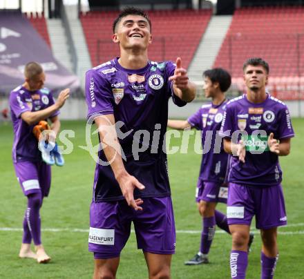 Fussball 2. Liga. SK Austria Klagenfurt gegen SW Bregenz.   Jubel Aiden Liu (Klagenfurt). Klagenfurt, 23.8.2025.
Foto: Kuess
www.qspictures.net
---
pressefotos, pressefotografie, kuess, qs, qspictures, sport, bild, bilder, bilddatenbank