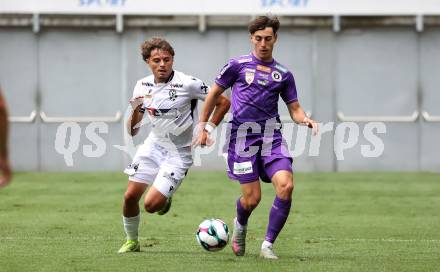 Fussball 2. Liga. SK Austria Klagenfurt gegen SW Bregenz.  Elias Jandrisevits  (Klagenfurt), Isak Vojic (Bregenz). Klagenfurt, 23.8.2025.
Foto: Kuess
www.qspictures.net
---
pressefotos, pressefotografie, kuess, qs, qspictures, sport, bild, bilder, bilddatenbank