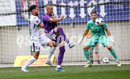 Fussball 2. Liga. SK Austria Klagenfurt gegen SW Bregenz. Bartol Barisic  (Klagenfurt), Sebastian Dirnberger (Bregenz). Klagenfurt, 23.8.2025.
Foto: Kuess
www.qspictures.net
---
pressefotos, pressefotografie, kuess, qs, qspictures, sport, bild, bilder, bilddatenbank
