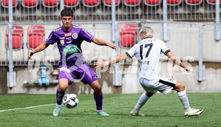 Fussball 2. Liga. SK Austria Klagenfurt gegen SW Bregenz.   Dino Delic (Klagenfurt), Raul Marte  (Bregenz). Klagenfurt, 23.8.2025.
Foto: Kuess
www.qspictures.net
---
pressefotos, pressefotografie, kuess, qs, qspictures, sport, bild, bilder, bilddatenbank
