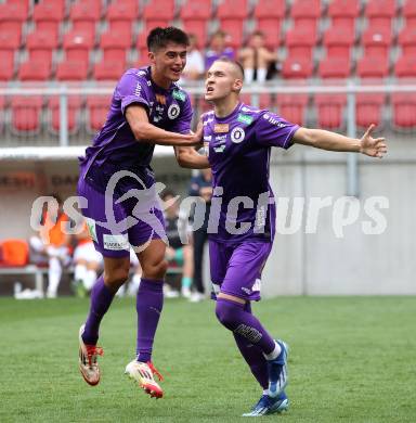 Fussball 2. Liga. SK Austria Klagenfurt gegen SW Bregenz.  Torjubel Aiden Liu, Bartol Barisic (Klagenfurt). Klagenfurt, 23.8.2025.
Foto: Kuess
www.qspictures.net
---
pressefotos, pressefotografie, kuess, qs, qspictures, sport, bild, bilder, bilddatenbank