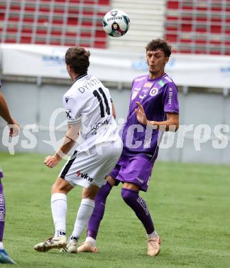 Fussball 2. Liga. SK Austria Klagenfurt gegen SW Bregenz.  Marcel Krnjic   (Klagenfurt), Simon Luechinger (Bregenz). Klagenfurt, 23.8.2025.
Foto: Kuess
www.qspictures.net
---
pressefotos, pressefotografie, kuess, qs, qspictures, sport, bild, bilder, bilddatenbank